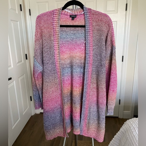 Torrid Pink Mulitcolor Ombre Rainbow Cardigan Chunky Open Sweater 0 Large 12 - Picture 1 of 9